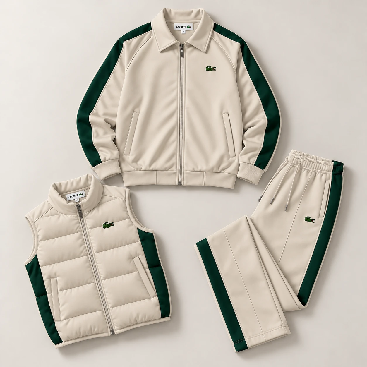 Premium 3-Piece Tracksuit Set – Jacket, Puffer Vest & Joggers – Cream