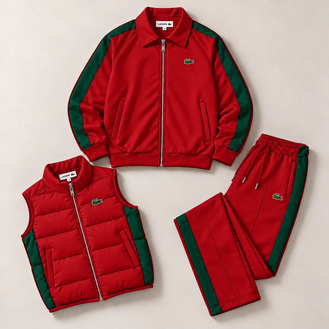 Premium 3-Piece Tracksuit Set – Jacket, Puffer Vest & Joggers – Red