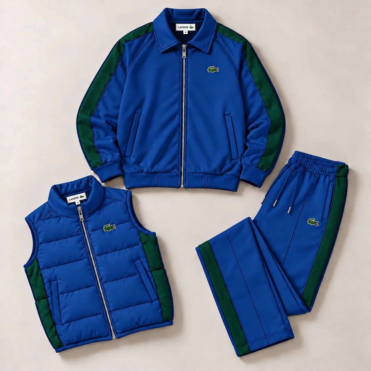 Premium 3-Piece Tracksuit Set – Jacket, Puffer Vest & Joggers – Royal Blue
