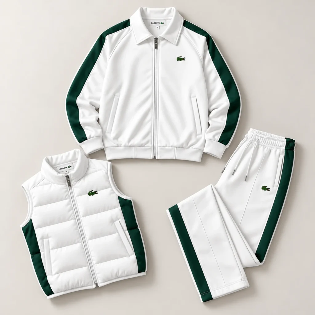 Premium 3-Piece Tracksuit Set – Jacket, Puffer Vest & Joggers – White Green