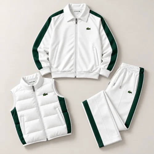 Premium 3-Piece Tracksuit Set – Jacket, Puffer Vest & Joggers – White Green