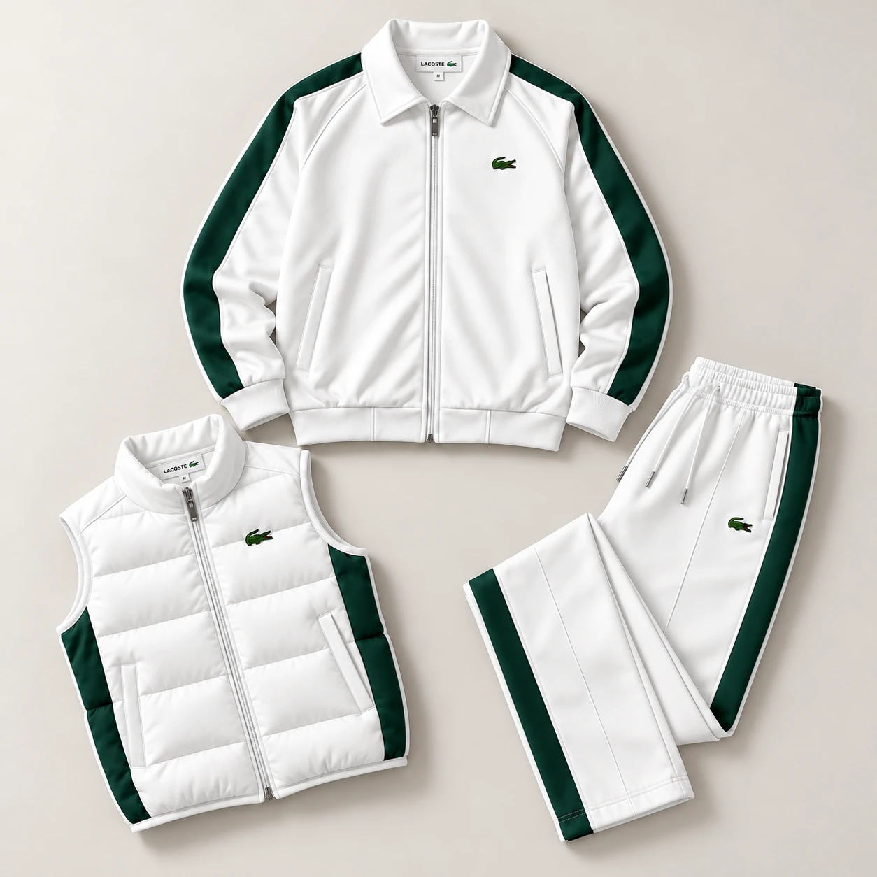 Premium 3-Piece Tracksuit Set – Jacket, Puffer Vest & Joggers – White Green