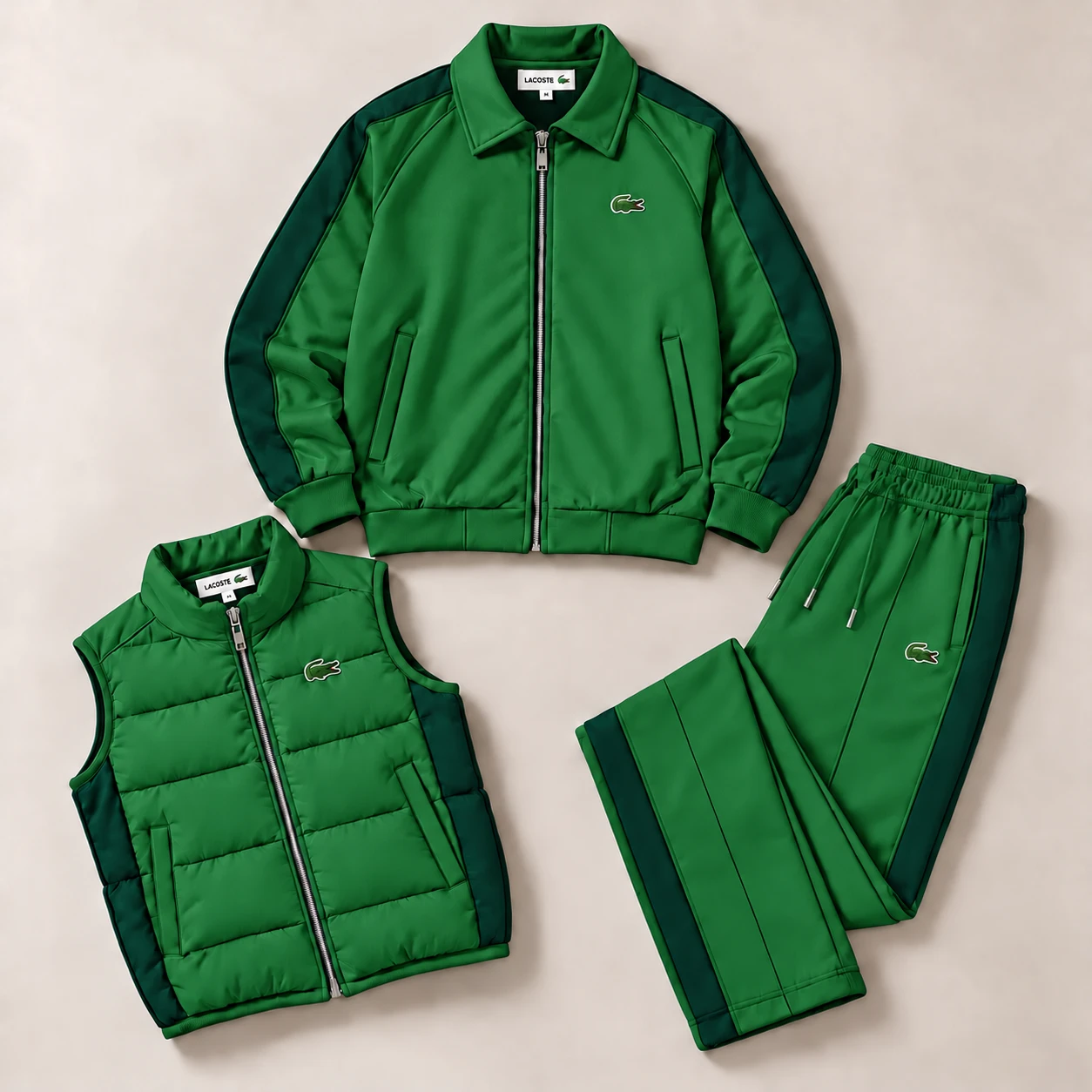 Premium 3-Piece Tracksuit Set – Jacket, Puffer Vest & Joggers – Green