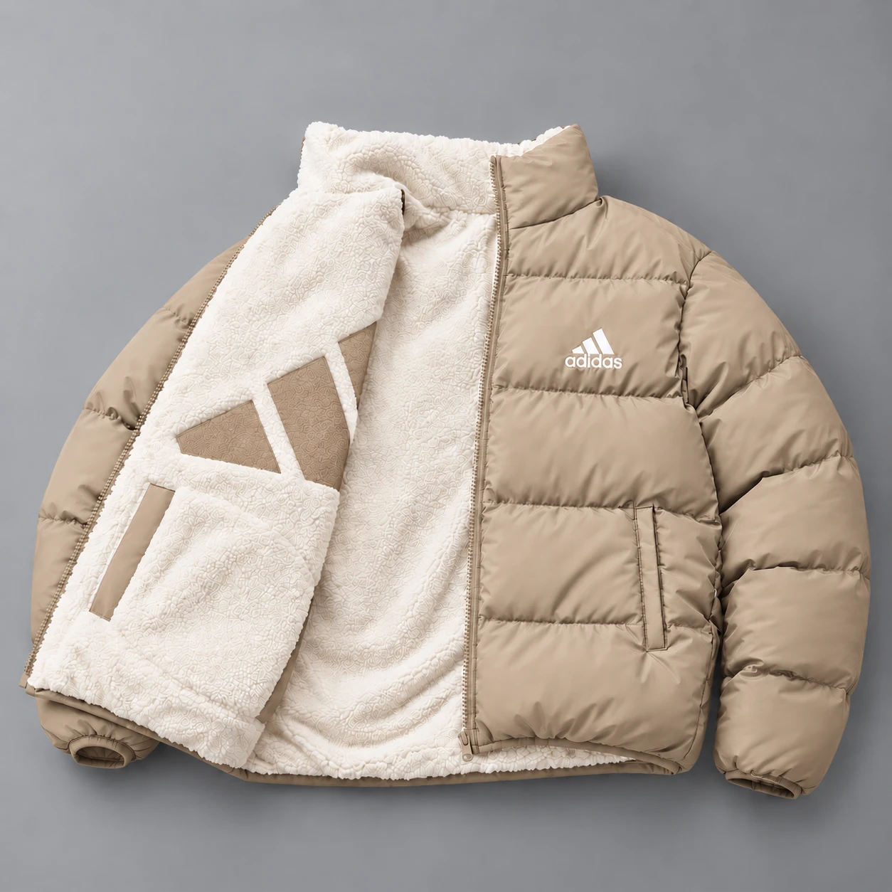Adidas Reversible Puffer & Sherpa Jacket – 2 in 1 – Khaki