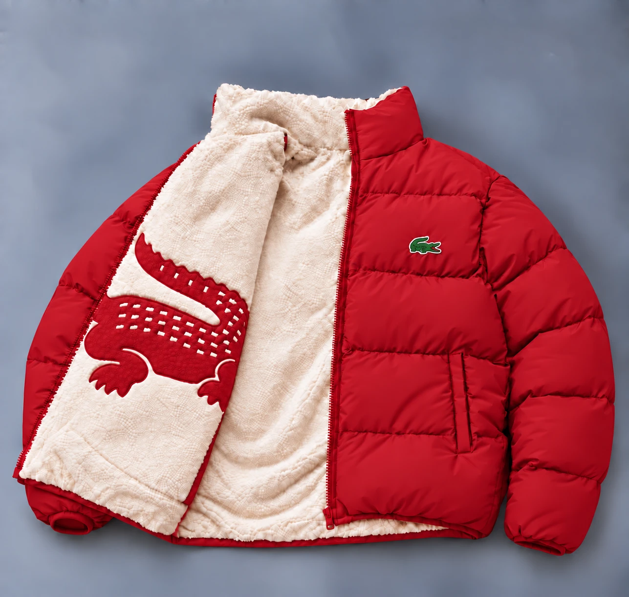 Reversible Crocodile Sherpa Puffer Jacket – Red