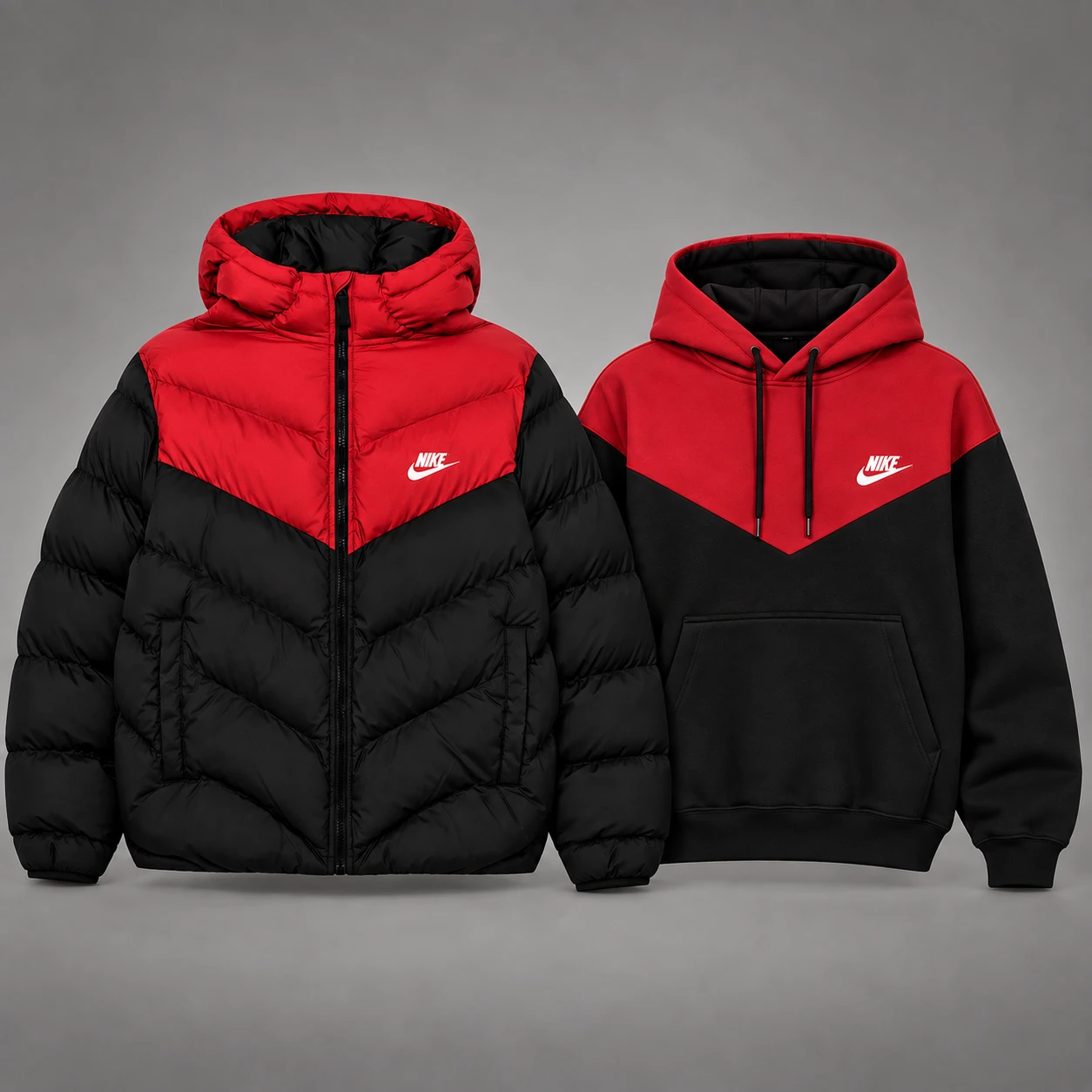 Winter Duo – Puffer Jacket & Hoodie Set – Red / Black Set
