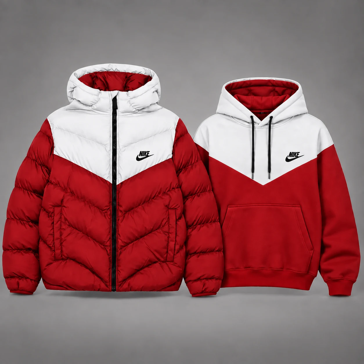 Winter Duo – Puffer Jacket & Hoodie Set – White / Red