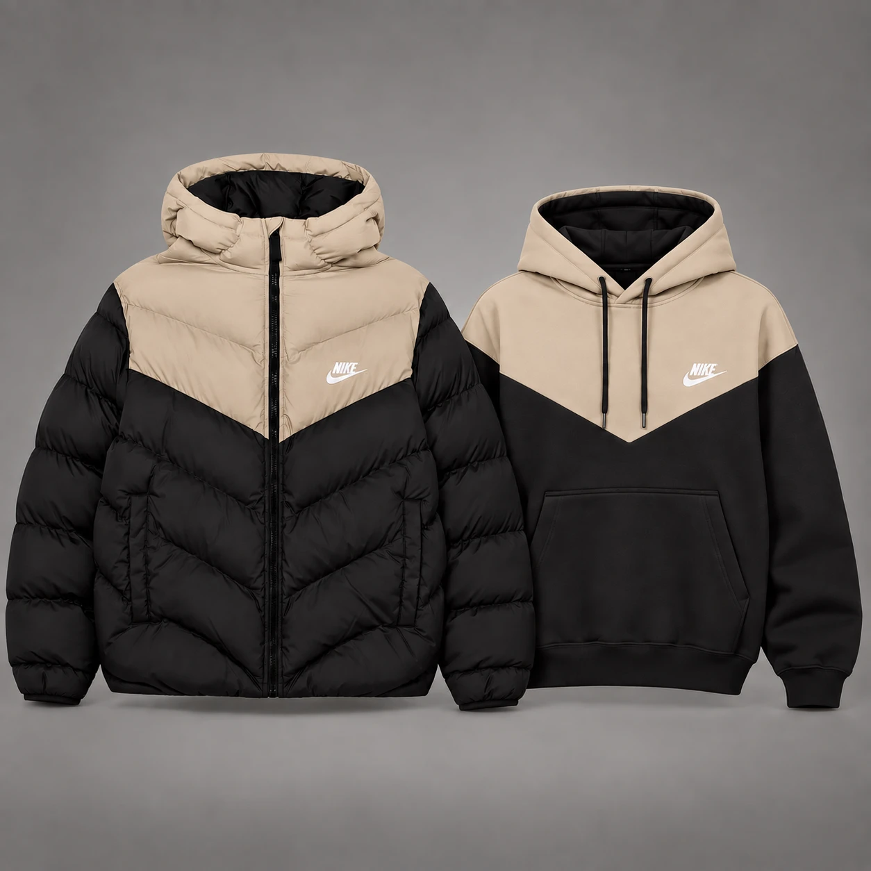 Winter Duo – Puffer Jacket & Hoodie Set – Tan / Black