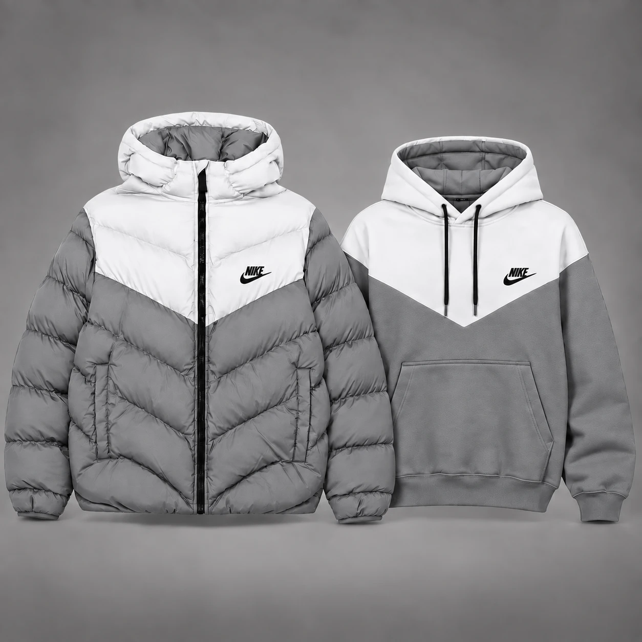 Winter Duo – Puffer Jacket & Hoodie Set – Grey / White