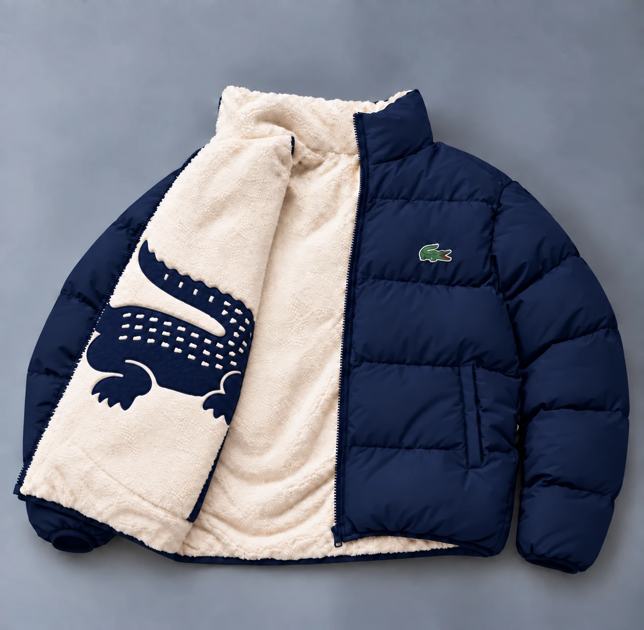 Reversible Crocodile Sherpa Puffer Jacket – Navy