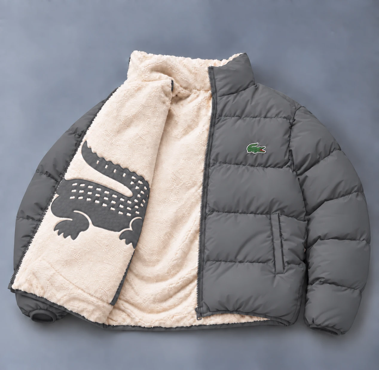 Reversible Crocodile Sherpa Puffer Jacket – Charcoal Grey