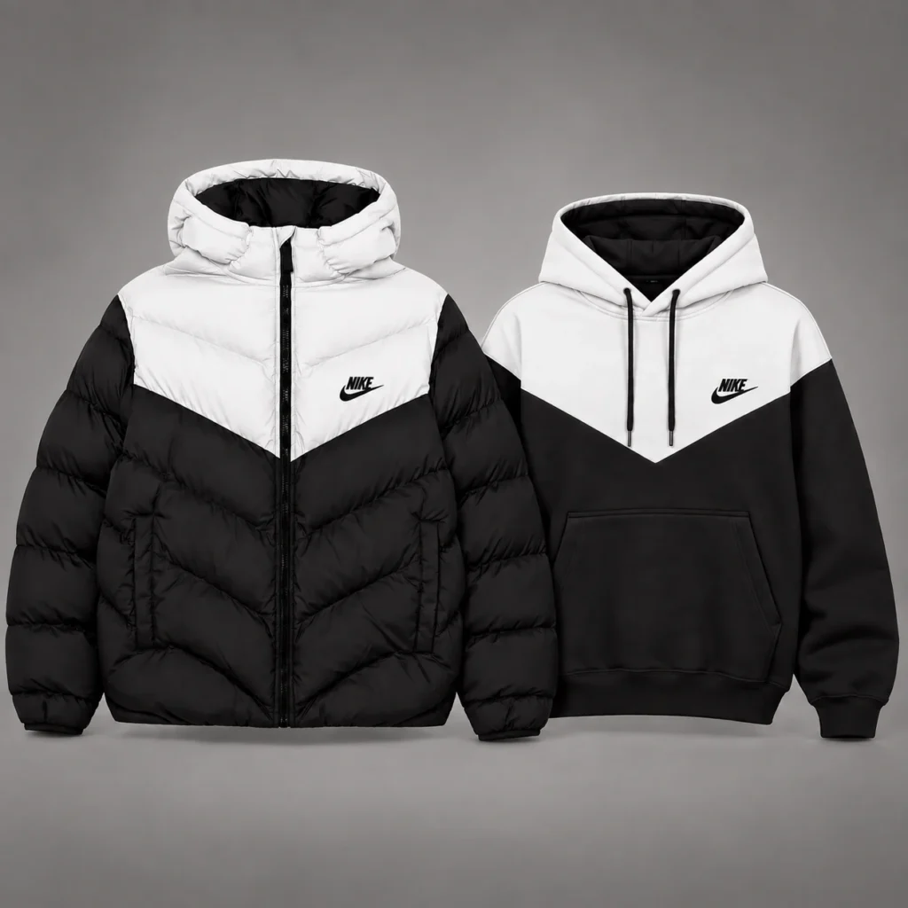 Winter Duo – Puffer Jacket & Hoodie Set – White / Black