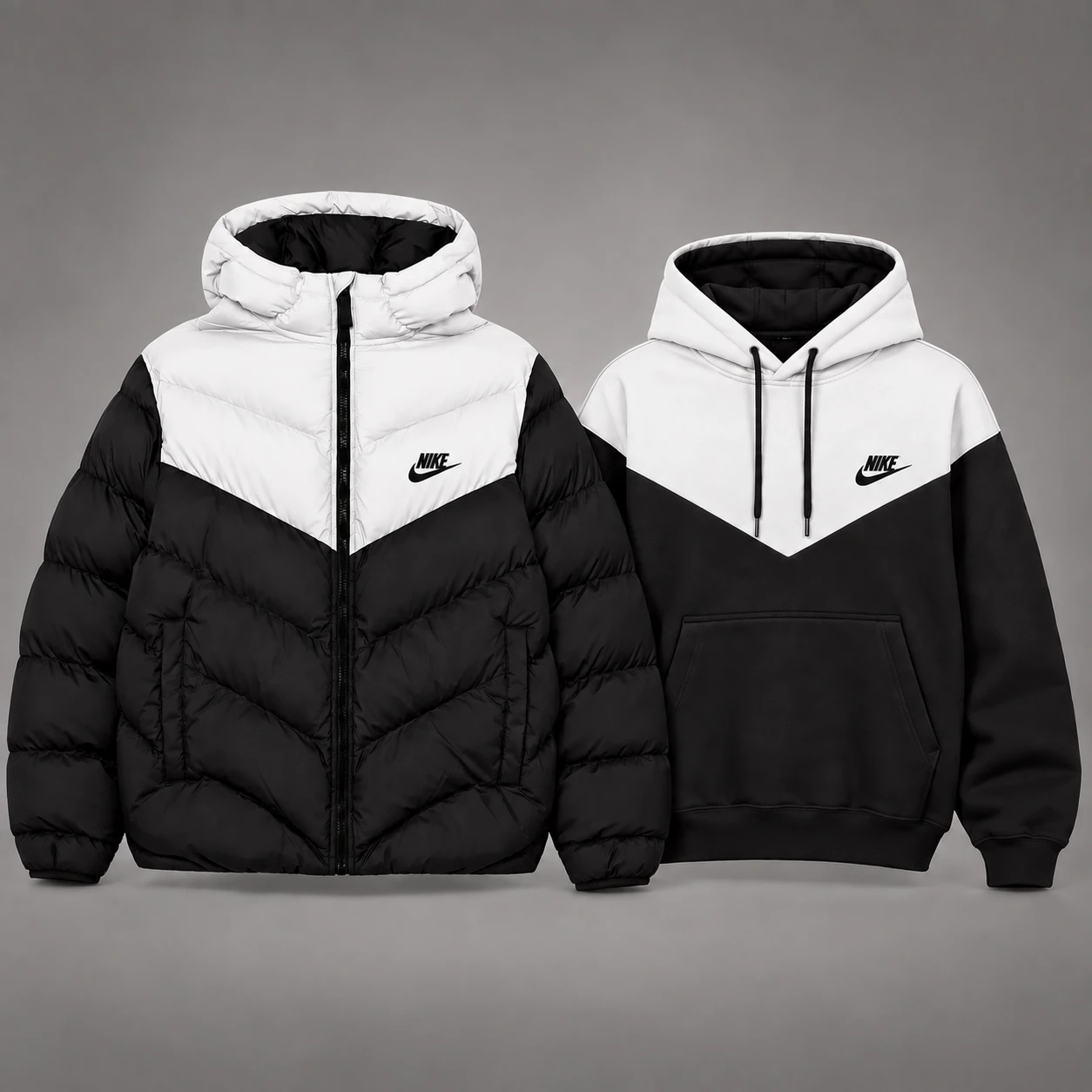 Winter Duo – Puffer Jacket & Hoodie Set – White / Black