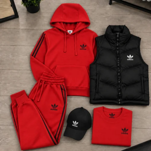 Adidas 3-Piece Tracksuit & Puffer Vest Set – Scarlet Red