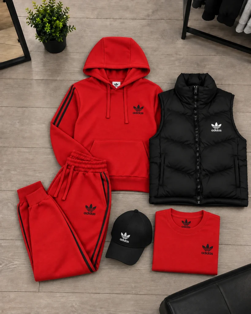 Adidas 3-Piece Tracksuit & Puffer Vest Set – Scarlet Red