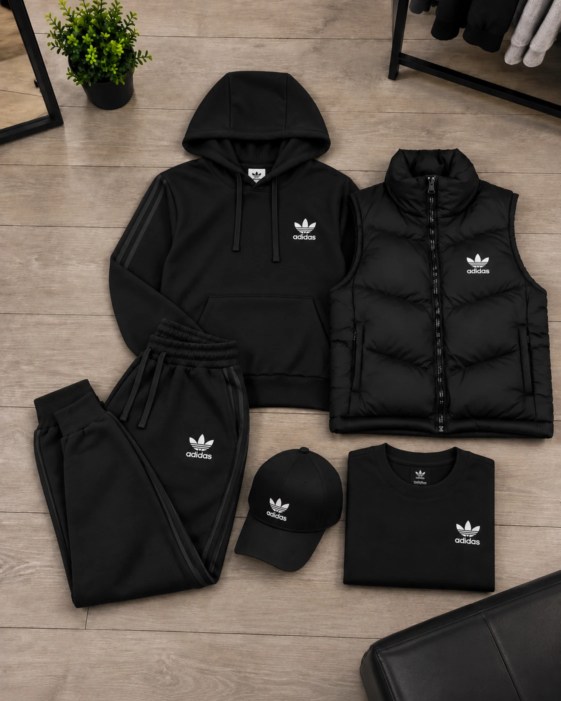 Adidas 3-Piece Tracksuit & Puffer Vest Set – All Black