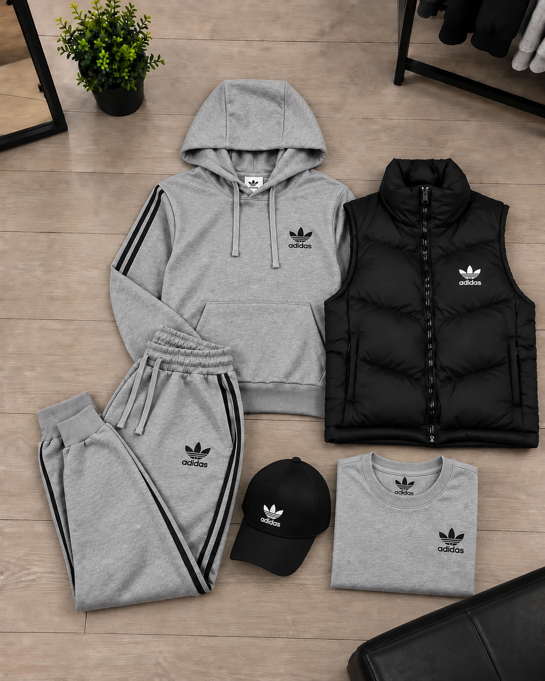 Adidas 3-Piece Tracksuit & Puffer Vest Set – Heather Grey