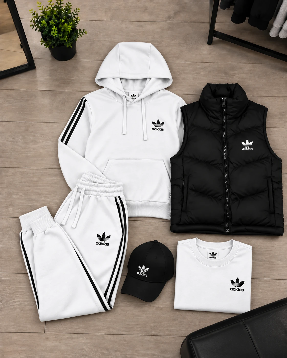 Adidas 3-Piece Tracksuit & Puffer Vest Set – White