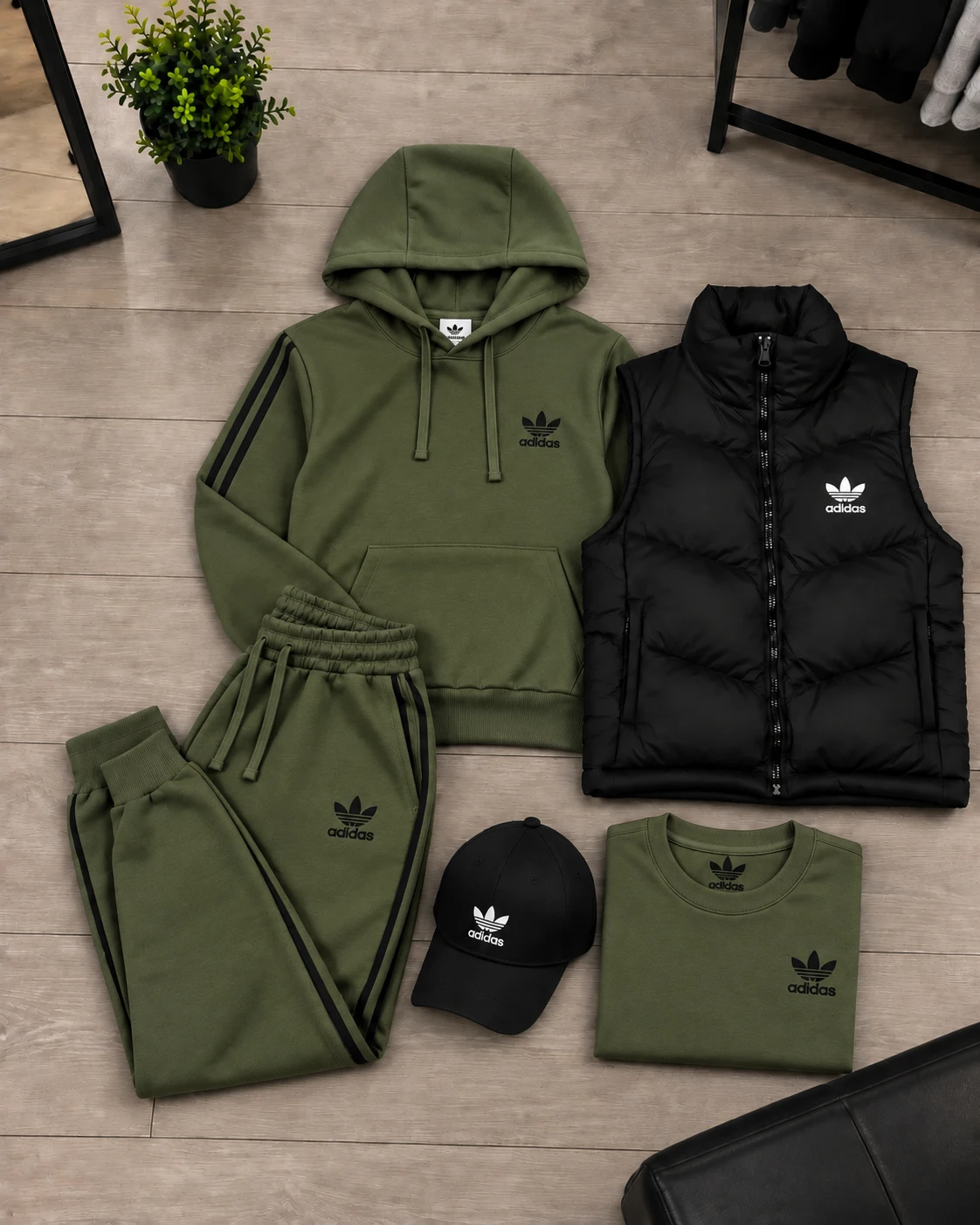 Adidas 3-Piece Tracksuit & Puffer Vest Set – Olive Flat Lay