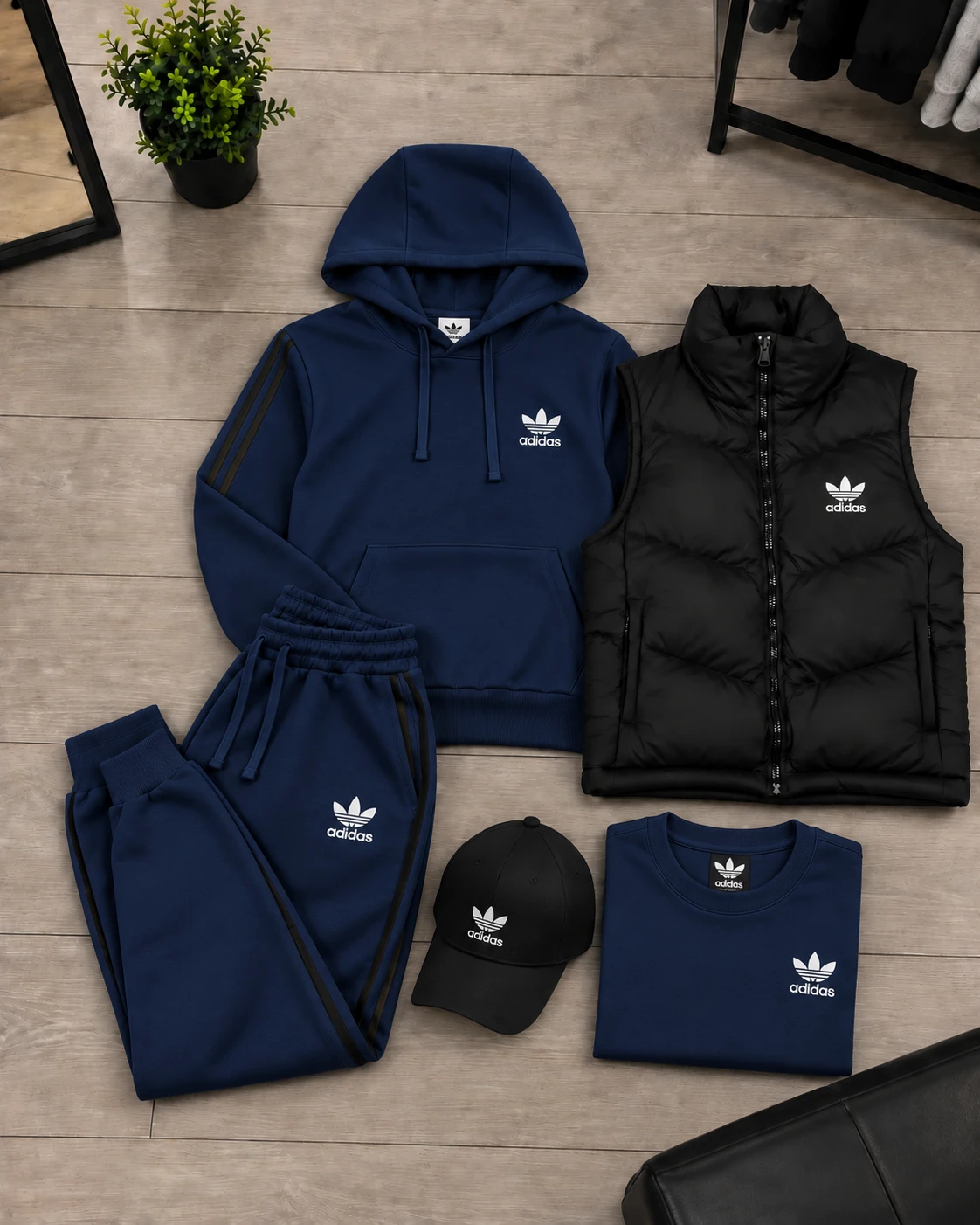 Adidas 3-Piece Tracksuit & Puffer Vest Set – Navy Flat Lay