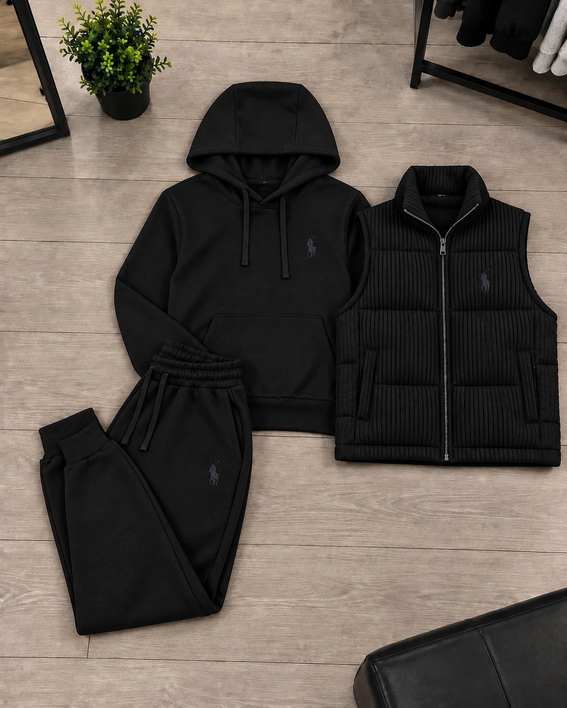 Polo 3-Piece Hoodie & Puffer Vest Tracksuit Set – Jet Black