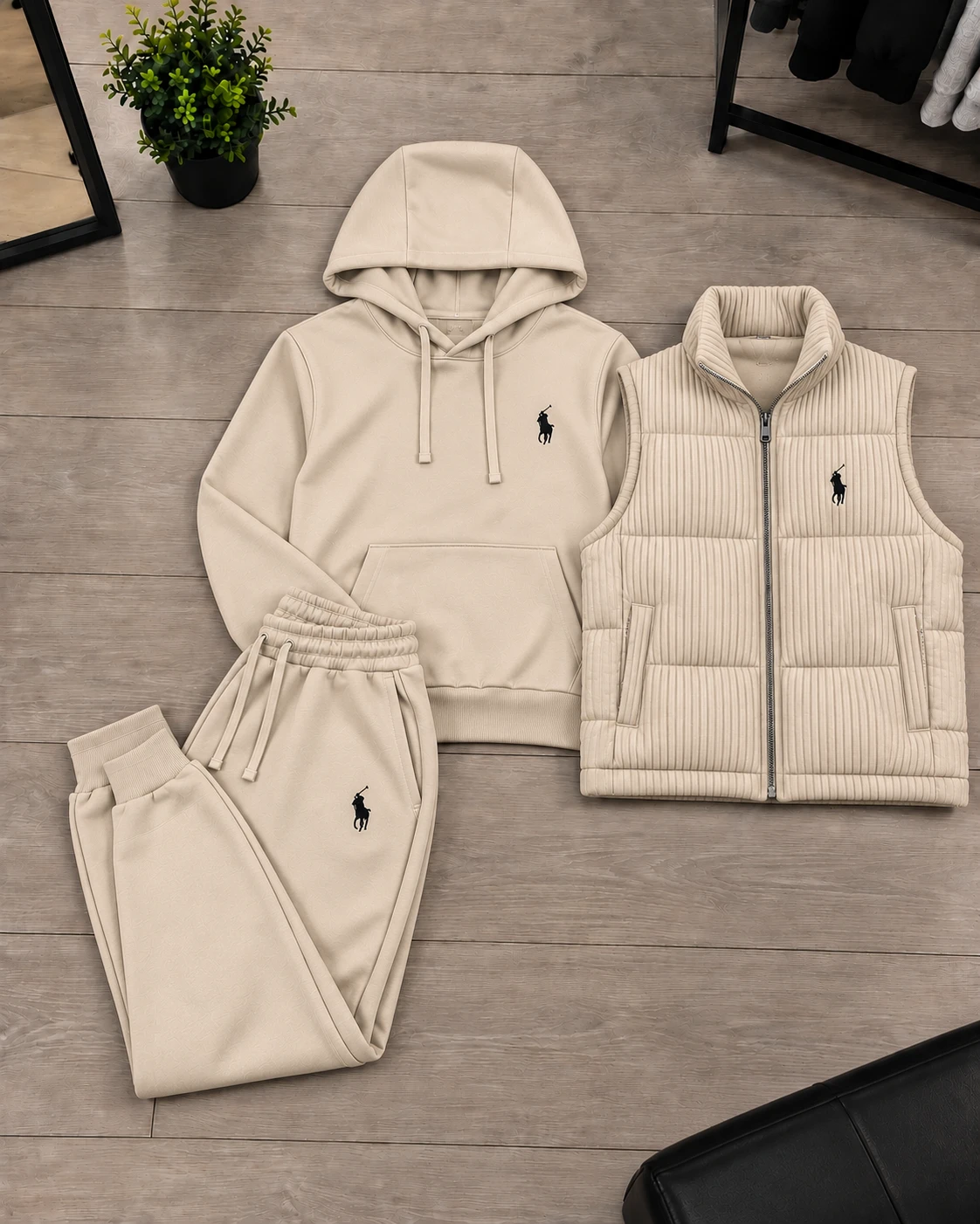 Polo 3-Piece Hoodie & Puffer Vest Tracksuit Set – Stone