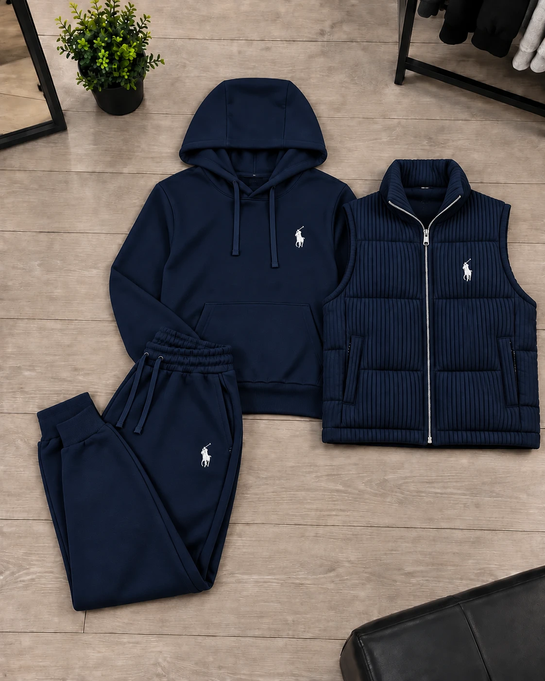 Polo 3-Piece Hoodie & Puffer Vest Tracksuit Set – Midnight Blue