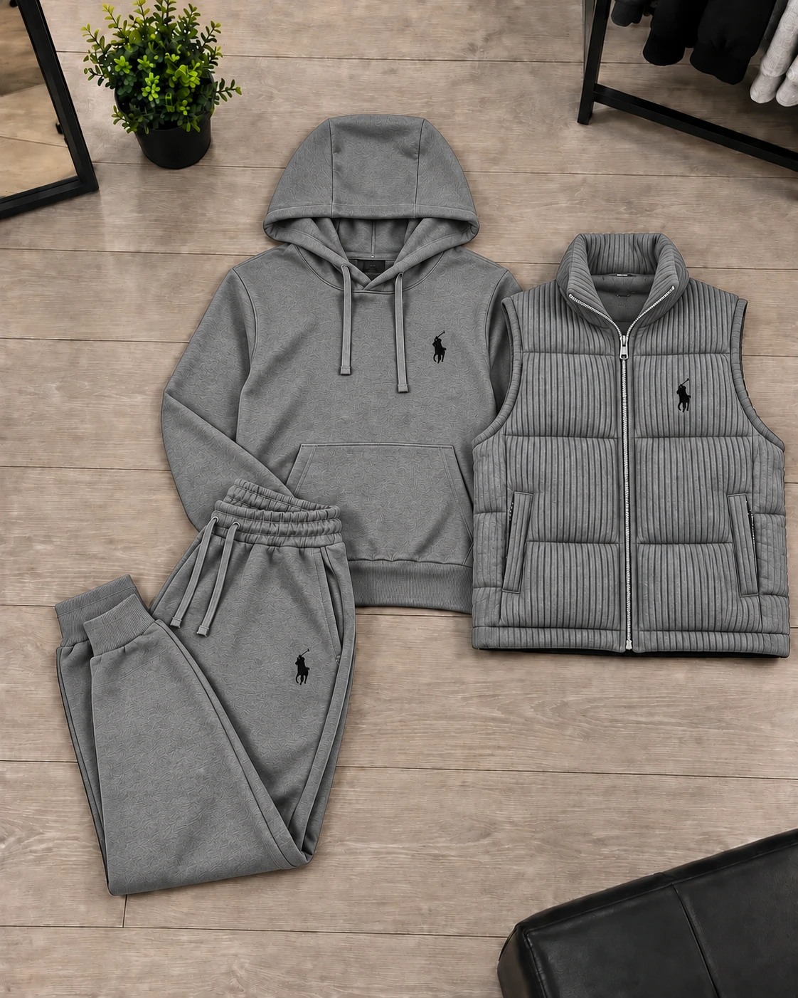 Polo 3-Piece Hoodie & Puffer Vest Tracksuit Set – Grey Marl