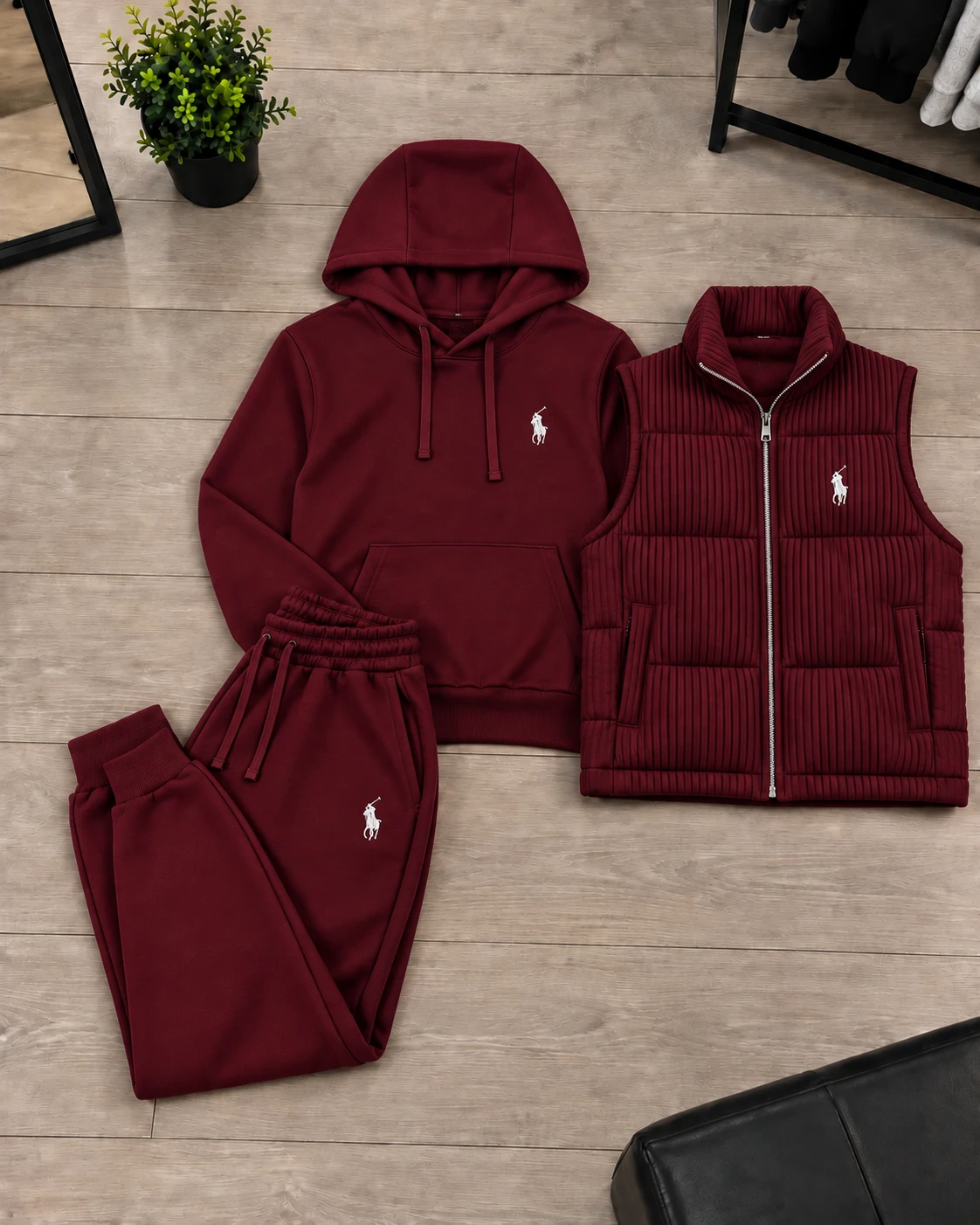 Polo 3-Piece Hoodie & Puffer Vest Tracksuit Set – Burgundy