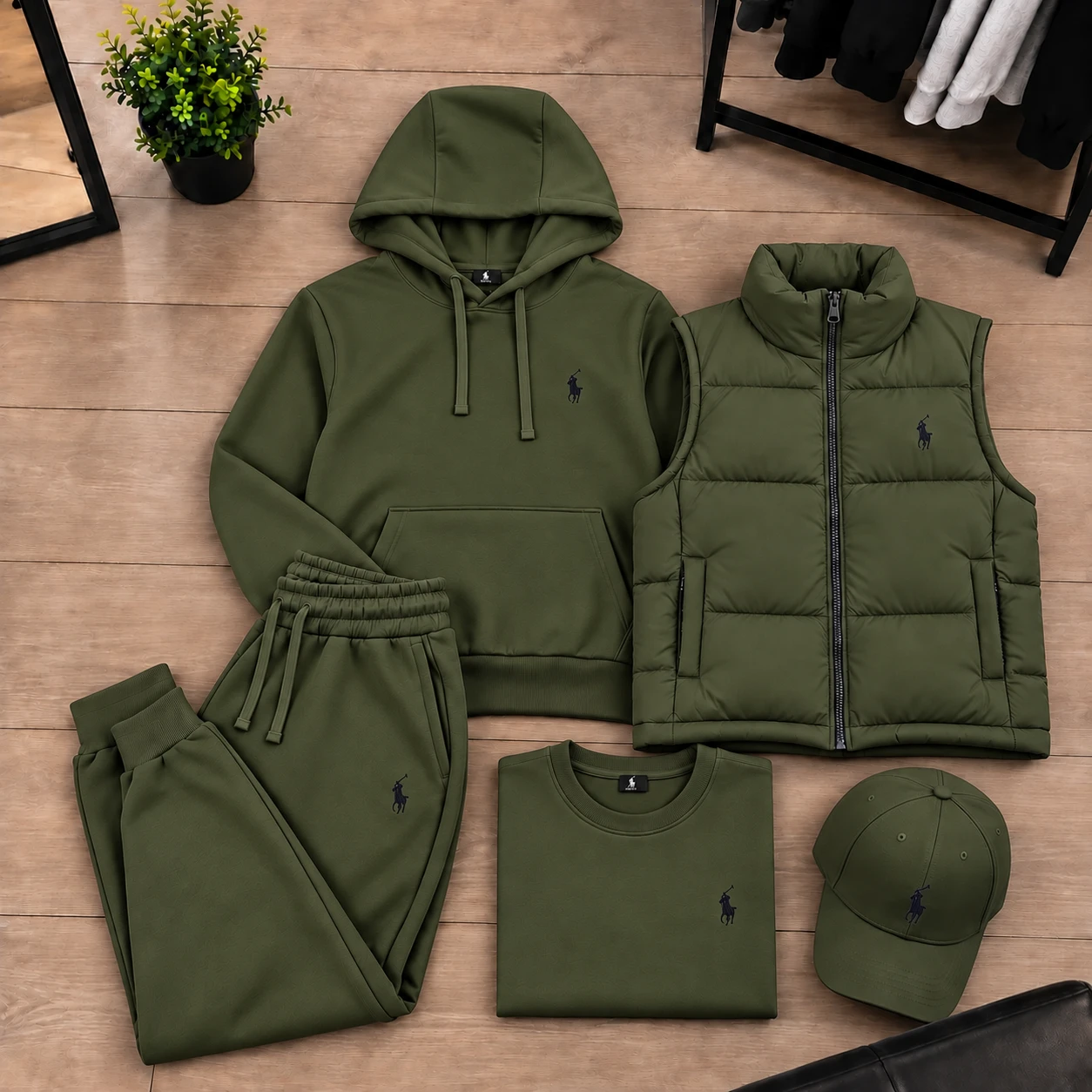 Polo Heritage 5-Piece Premium Tracksuit Set – Olive Green