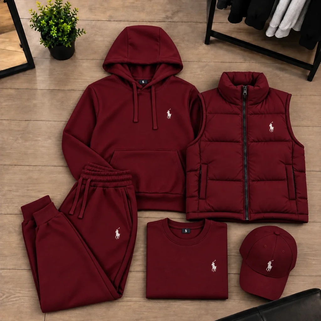 Polo Heritage 5-Piece Premium Tracksuit Set – Burgundy