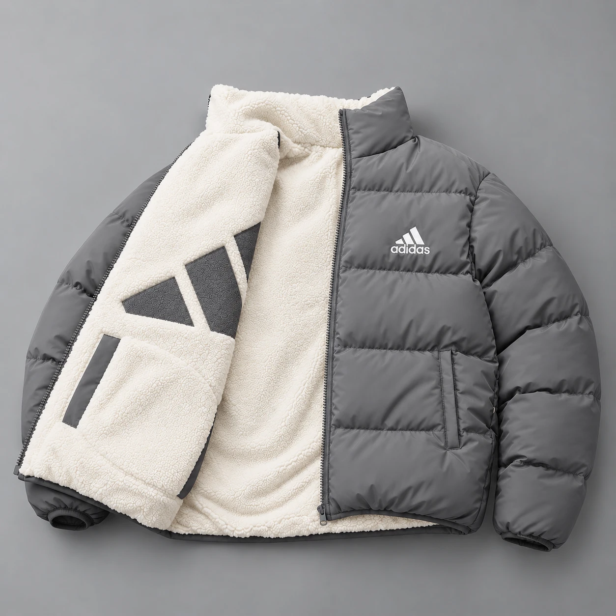 Adidas Reversible Puffer & Sherpa Jacket – 2 in 1 – Grey