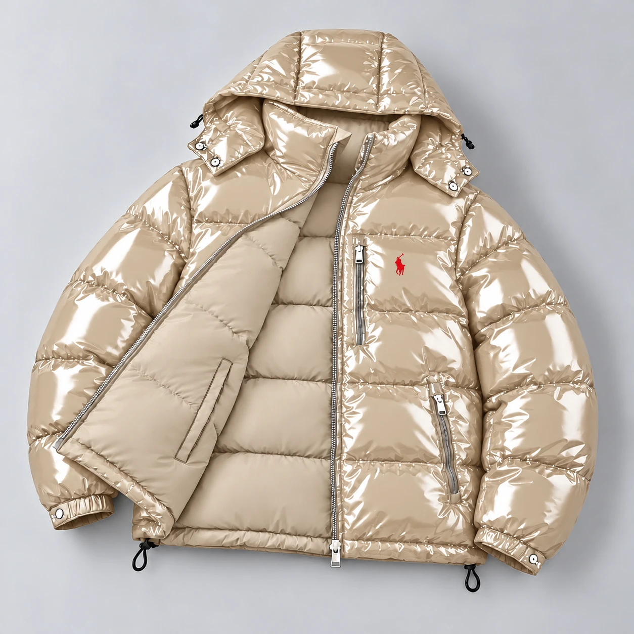 Premium Reversible Gloss Puffer Jacket – Champagne Beige