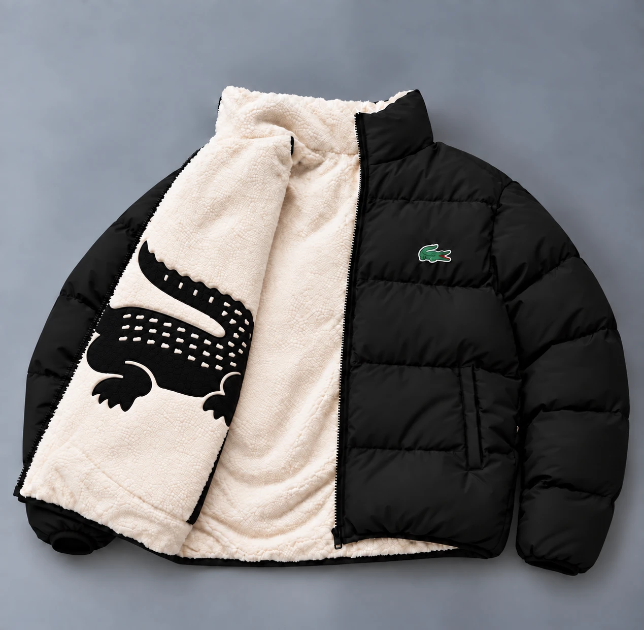 Reversible Crocodile Sherpa Puffer Jacket – Black
