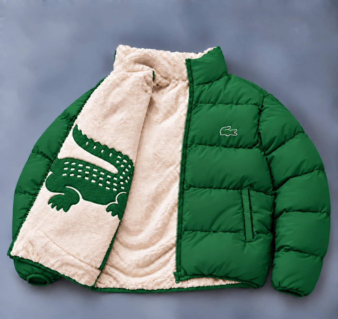 Reversible Crocodile Sherpa Puffer Jacket – Green