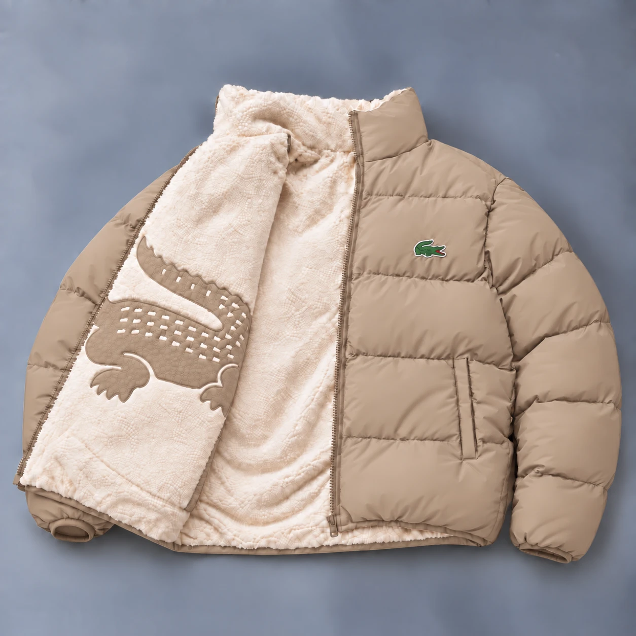 Reversible Crocodile Sherpa Puffer Jacket – Taupe