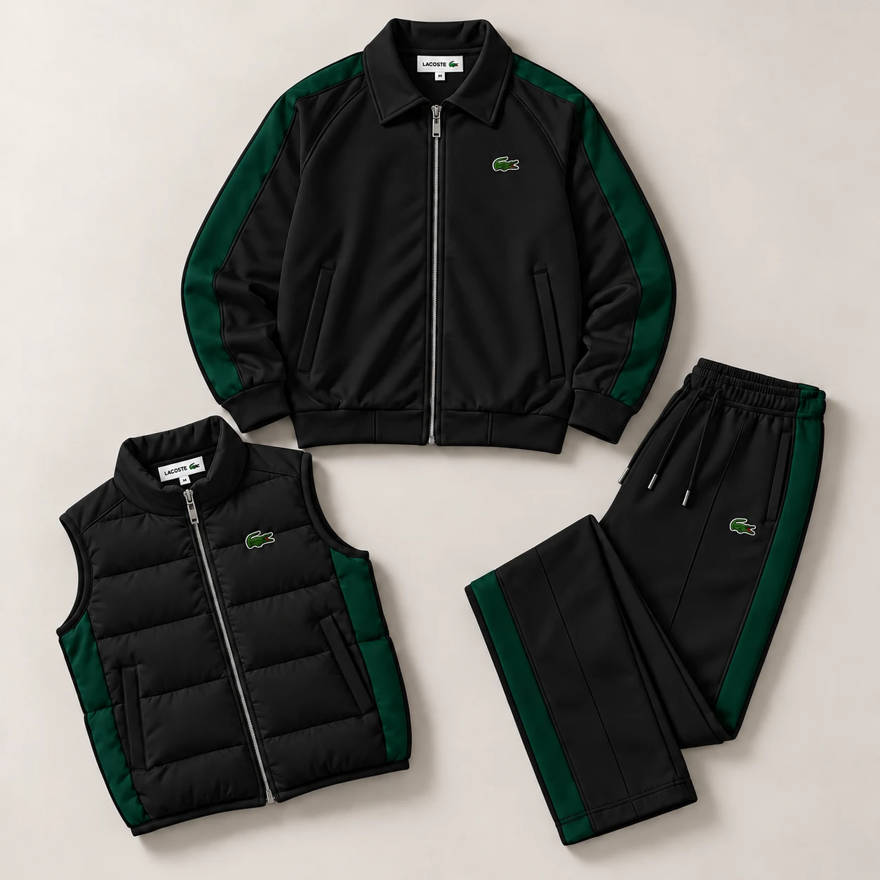 Premium 3-Piece Tracksuit Set – Jacket, Puffer Vest & Joggers – Black